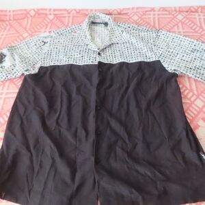 South Pole Men Shirt Black/ White Chinese Letters Printed Button Up Size XL